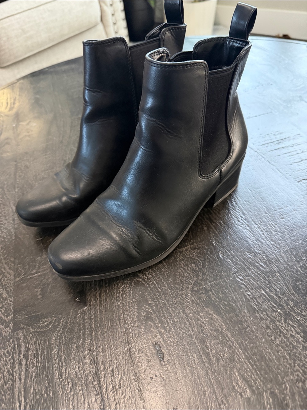 a new day Black Leather Chelsea Booties with Low Block Heel